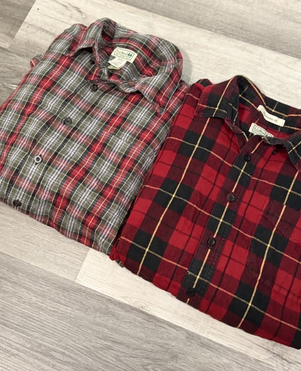 L.L.Bean Men’s Large Flannel Shirt Lot of 2 Plaid Traditional Fit Cotton L Reg